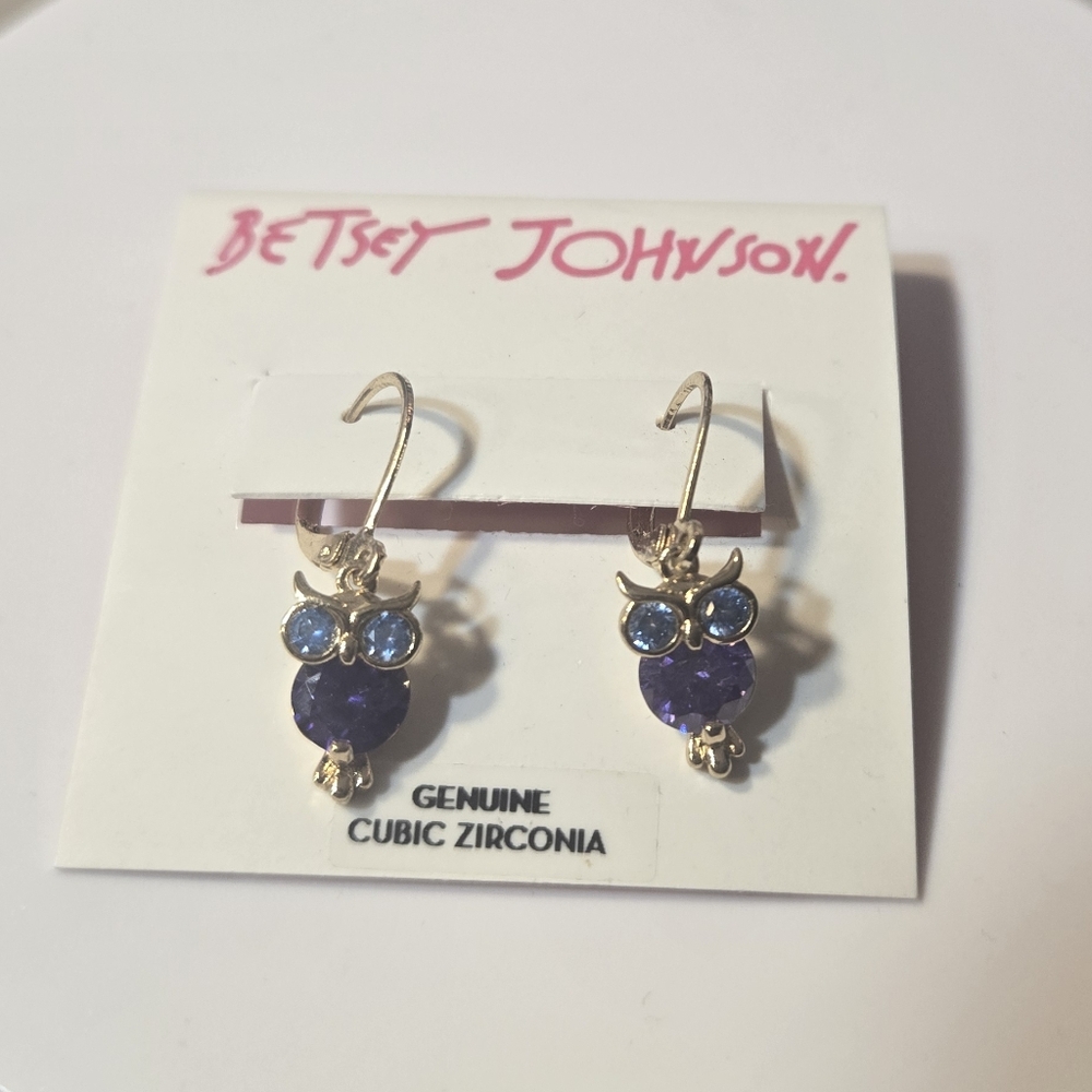Betsey Johnson Cubic Zirconia Owl Drop Earrings - Picture 4 of 4